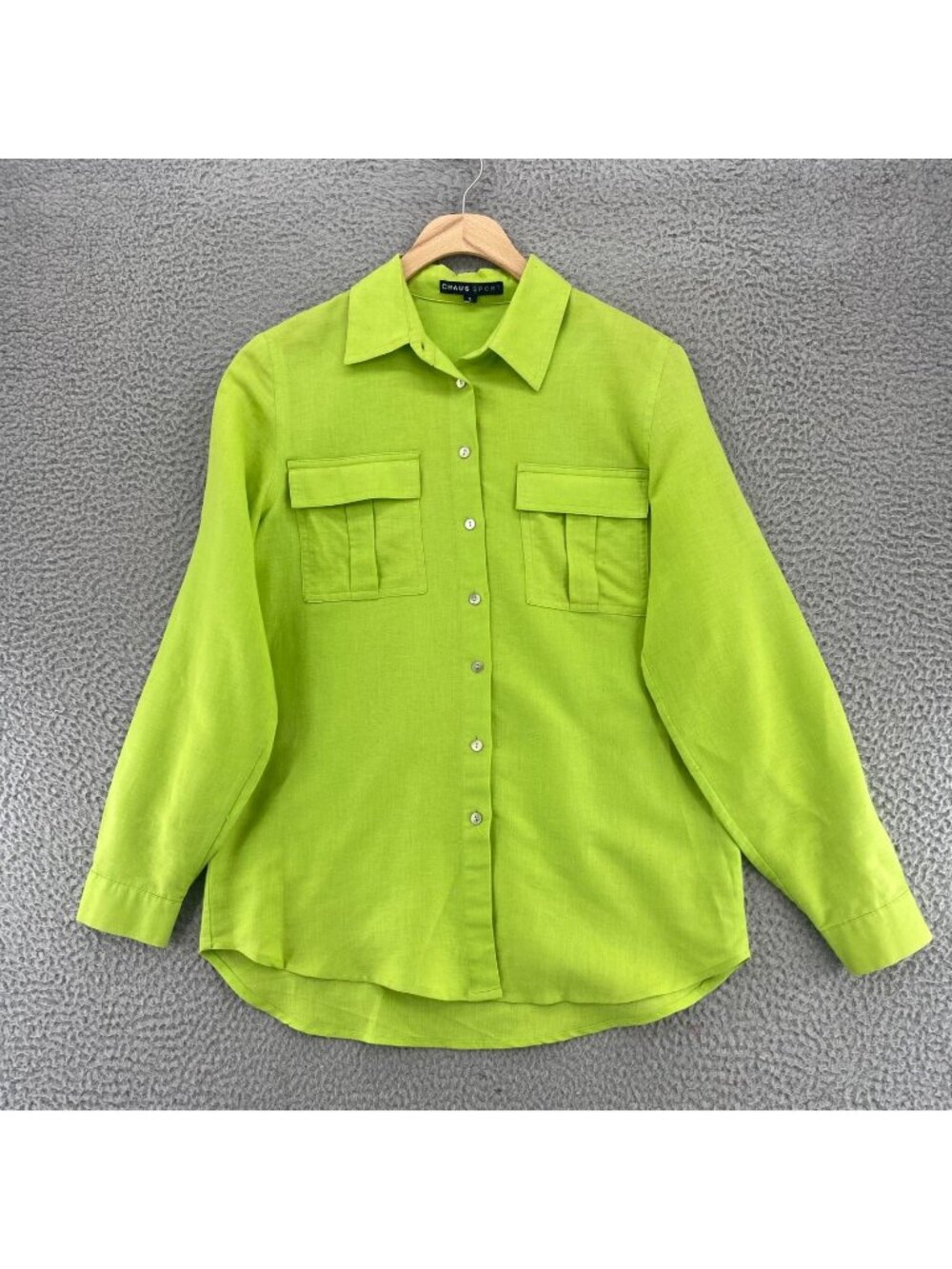 Chaus Sport Shirt Womens Small Lime Linen Cotton Blend Button Up Collar Pockets